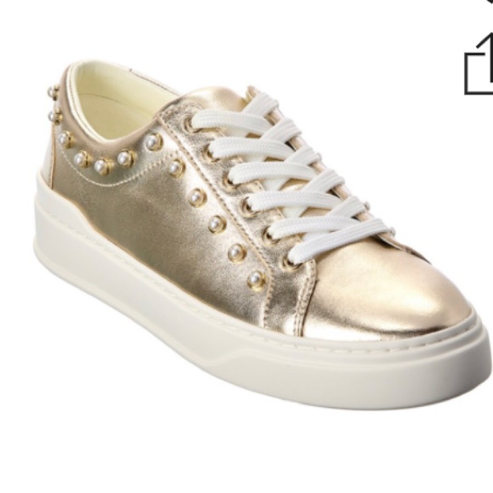 Stuart Weitzman FAUX PEARL-STUDDED METALLIC
LEATHER SNEAKERS IN GOLD